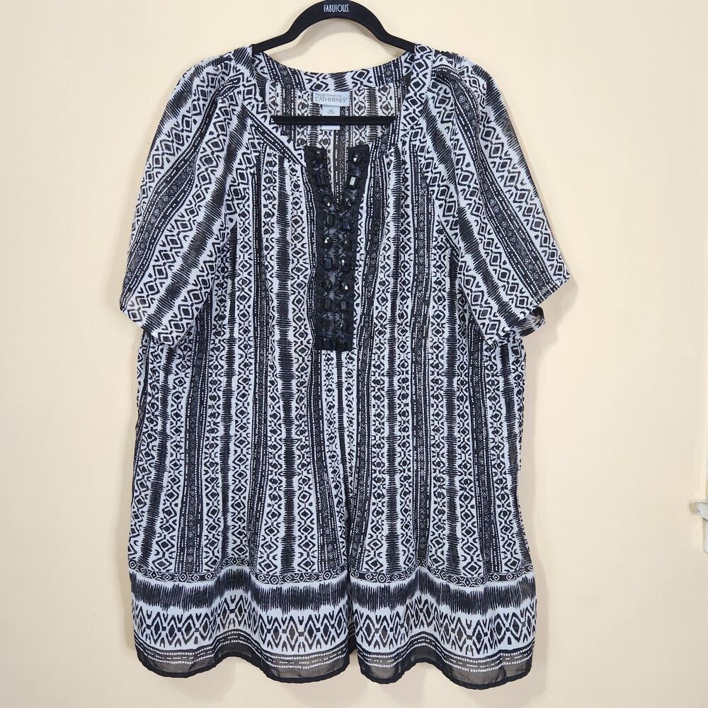 Maggie Barnes Catherines Blouse Top Womens SZ 2X Black White Sheer Short Sleeve